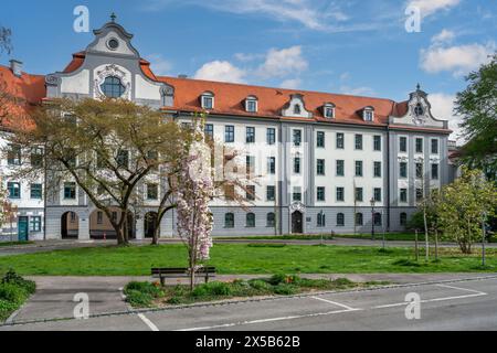 Blühender Baum in ein Regierungsgebäude Augsburg. Das Gebäude aus dem 18. Jahrhundert war in früheren Zeiten eine Residenz des Bischofs Stockfoto