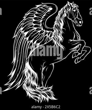 Weiße Silhouette der fliegenden Pferdeflügel auf schwarzem Hintergrund Illustration Maskottchen Vektor Logo Design Stock Vektor