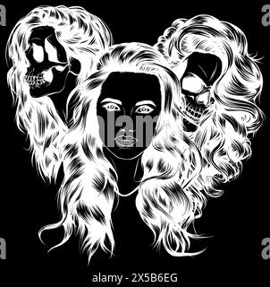 Weiße Silhouette des Mädchens mit Schädelvektorskizze. Santa Muerte Frauen Hexenporträt Stock Illustration Stock Vektor