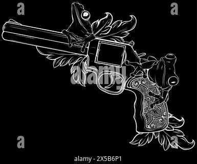 Weiße Silhouette der Handfeuerwaffe mit Blatt und Frosch auf schwarzem Hintergrund Vektor-Design Stock Vektor