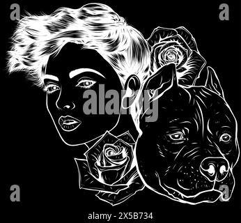 Weiße Silhouette des Frauenkopfes mit Pitbull Kopf und Rosen. Vektor-Illustration Design auf schwarzem Hintergrund digitale Handzeichnung Stock Vektor