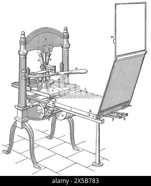 Handdruckmaschine. Veröffentlichung des Buches Meyers Konversations-Lexikon, Band 7, Leipzig, Deutschland, 1910 Stockfoto