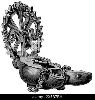 Antike Bronzekunst Alte christliche Lampe aus den römischen Katakomben. Veröffentlichung des Buches "Meyers Konversations-Lexikon", Band 7, Leipzig, Deutschland Stockfoto