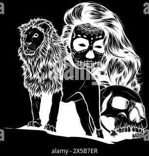 Weiße Silhouette des Löwen mit Schädel- und Mädchenvektorillustration auf schwarzem Hintergrund. Digitale Handzeichnung Stock Vektor