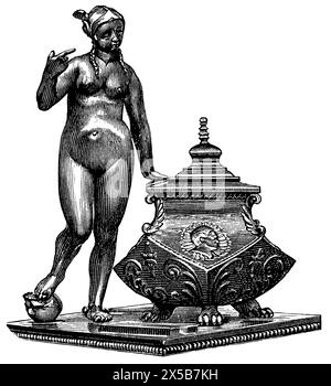 Antike Bronzekunst Tintenfass des deutschen Bildhauers Peter Vischer der ältere (1455–1529). Veröffentlichung des Buches 'Meyers Konversations-Lexikon' Stockfoto