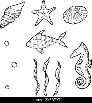 SEA LIFE Set. Handgezeichnete Muscheln, Stern, Pferd und Fisch. Vektorillustrationen von Algen, Laminarialgen und Wasserblasen im Doodle-Stil. Skizze Stock Vektor