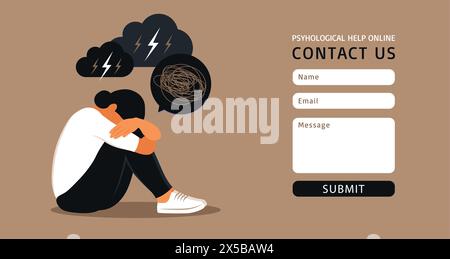 Kontaktieren Sie uns Formularvorlage für Web. Depression, psychische Gesundheit, Stress und Emotion Konzept für Website-Design oder Landing Web-Seite. Stock Vektor