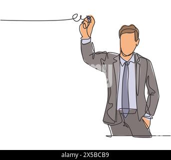 Eine durchgehende Linienzeichnung eines jungen, glücklichen Managers gibt kurze Einweisung und schreibt sie auf eine Glasplatte mit Marker. Kurzkonzept für Unternehmen. Tr Stock Vektor