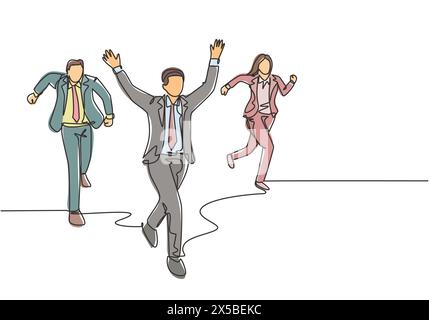 Eine einzige Linie Zeichnung von jungen männlichen weiblichen Arbeiter glücklich nach dem Sieg überqueren die Ziellinie schlagen seine Freunde. Business läuft Wettbewerb concep Stock Vektor