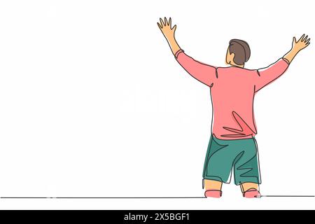 Eine durchgehende Strichzeichnung des sportlichen jungen Fußballspielers, der seine Arme ausstreckt und laut auf dem Feld schreit. Spieltreffer für ein Festspiel Stock Vektor