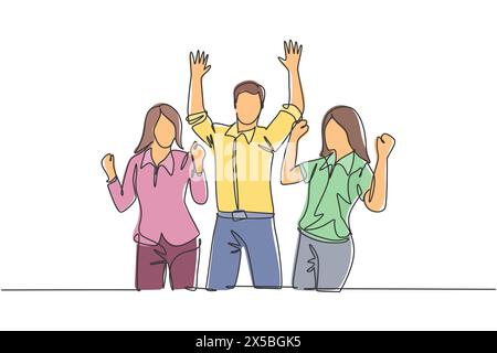 Eine einzige kontinuierliche Strichzeichnung junger glücklicher weiblicher und männlicher Arbeiter, die gemeinsam mit Freude im Büroraum tanzten. Business Teamwork Feier con Stock Vektor
