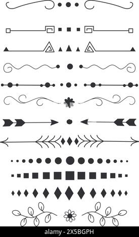 Symbole für dünne Linien des Texttrenners festgelegt. Einfaches schwarzes Kontursymbol des Trennzeichens isoliert. Stock Vektor