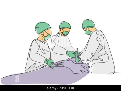 Eine einzige kontinuierliche einzeilige Gruppe von Team Chirurgen Arzt, der Operation an den kritischen Patienten im chirurgischen Operationssaal. Medizinische Chirurgie c Stock Vektor