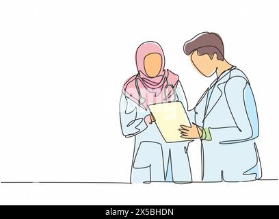 Eine einzige Strichzeichnung eines jungen männlichen Arztes, der mit einer arabischen Ärztin im Flur des Krankenhauses spricht. Medizinische Gesundheitsversorgung Konzept Stock Vektor
