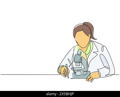 Eine kontinuierliche Strichzeichnung junger Wissenschaftlerin untersuchen das Virus, das Covid mit dem Labormikroskop verursacht. Coronavirus Impfstoff Forschung con Stock Vektor