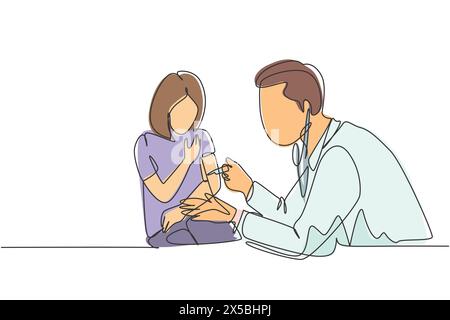 Eine einzige Zeile Zeichnung von männlichen pädiatrischen Arzt, die Impfstoffinjektion an junge Schönheit Mädchen Patienten im Krankenhaus. Medizinische Behandlung conce Stock Vektor