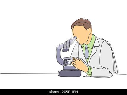 Eine kontinuierliche Strichzeichnung von jungen männlichen Wissenschaftler analysieren Corona-Virus Ursache covid-19 Krankheit mit Labormikroskop. Medizinische Resea des Coronavirus Stock Vektor