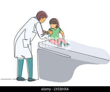 Einzelne kontinuierliche Strichzeichnung der jungen männlichen pädiatrischen Arzt geben Injektion zu Kleinkind Mädchen Patienten im Krankenhaus. Medizinische Behandlung Konz Stock Vektor