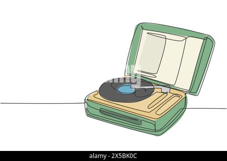 Eine einzeilige Zeichnung eines klassischen, tragbaren Plattenspielers mit Retro-Musik. Klassischer analoger Audioplayer Artikelkonzept kontinuierlicher Zeilengriff Stock Vektor