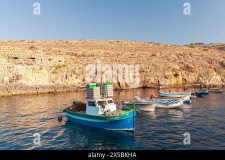 Blue Grotto, Malta - 22. August 2019: Kleine Angel- und Freizeitboote liegen in der Bucht der Blauen Grotte an einem sonnigen Morgen vor Anker, die Menschen gehen durch die Embankm Stockfoto