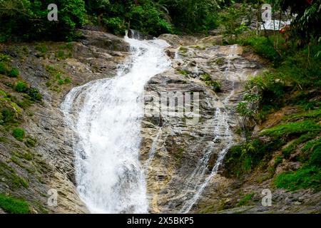 Die ruhige Schönheit eines kleinen Wasserfalls in Malaysia ist ein Touristenziel. Seidenglattes Wasser kaskadiert über Felsen, umgeben von hoch aufragenden Bäumen. Stockfoto