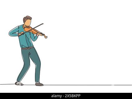 Eine einzeilige Zeichnung eines jungen glücklichen männlichen Geigers, der auf einem Musikkonzert Geige spielt. Musiker Künstler Performance Konzept kontinuierliche Linie Stock Vektor