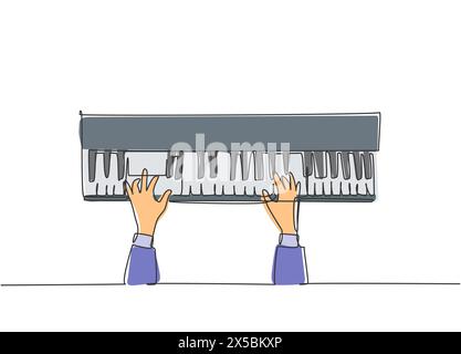 Einzelne durchgehende Linienzeichnung eines jungen glücklichen Pianisten, der Keyboard eines Konzertorchesters spielt, Draufsicht. Musician Artist Performanc Stock Vektor
