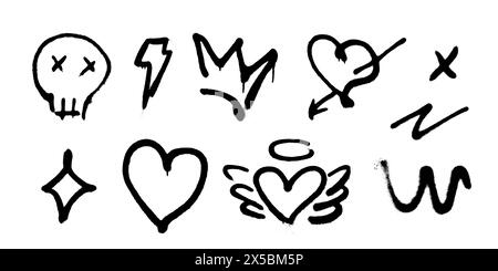 Graffiti-Zeichensymbole. Set mit besprühten Symbolen wie Schädel, Herz mit Pfeil, Krone und Blitz. Stock Vektor
