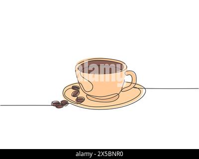Einzelne kontinuierliche Linie Zeichnung einer Tasse Kaffee Getränk mit Kaffeebohnen auf Keramik Untersetzer und Tisch. Café-Getränke-Konzept-Display für Coffee Shop. Stock Vektor
