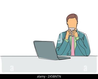 Eine kontinuierliche Einzelzeilenzeichnung von jungen glücklichen Marketing-Manager beobachten Verkaufsgrafik auf Laptop-Bildschirm, während das Aroma des Kaffees genießen. Trinken Stock Vektor