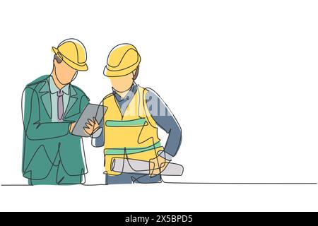 Eine einzige Linie Zeichnung der jungen Bauleiter tun kurze kurze kurze Baumeister Koordinator. Aufbau Architektur Geschäftskonzept. Durchgehende Zeile d Stock Vektor