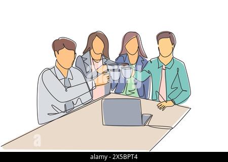 Eine einzige kontinuierliche Linienzeichnung von jungen Büroangestellten und Büroangestellte, die bei der Mitgliederversammlung des Marketingteams über die Strategie zur Steigerung des Produktverkaufs diskutieren. Stock Vektor