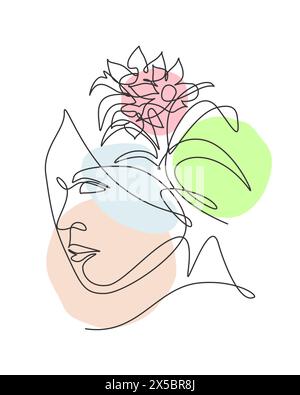 Eine einzige Linie Zeichnung abstraktes Gesicht mit natürlichen Blumen Vektor Illustration. Schönheit Frau Porträt minimalistischen Stil Konzept für Wanddekor Kunst PR Stock Vektor