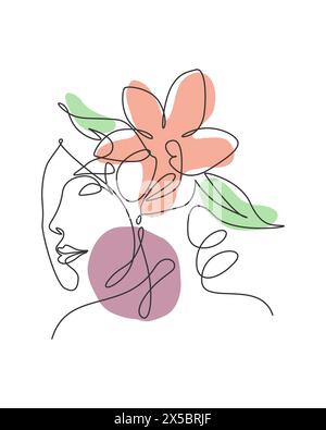 Einzelne kontinuierliche Linie Zeichnung hübsche Frau Gesicht mit Blumen. Natur Schönheit botanischen Druck Konzept für Wanddekor drucken. Minimalistisches Porträt. Trendy Stock Vektor