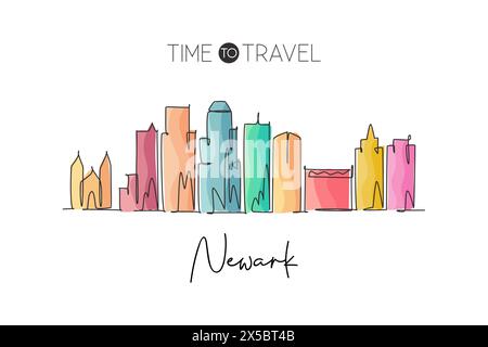 Eine durchgehende Linienzeichnung der Skyline von Newark, New Jersey. Wunderschönes Wahrzeichen. Welt Landschaft Tourismus Reise Heim Wanddekoration Poster Druck. Taststift Stock Vektor