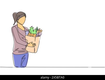 Eine einzige Linie Zeichnung junge glückliche Frau hält Lebensmittelpapierbeutel mit Obst, Gemüse, Brot, Milch innen. Kommerzielles Shopping-Konzept für den Einzelhandel. C Stock Vektor