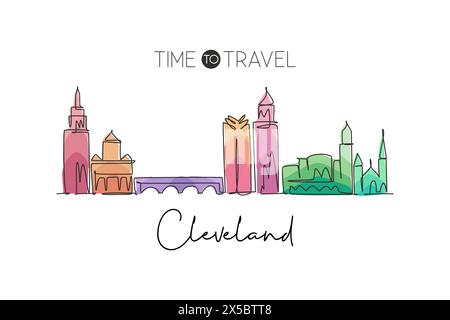 Eine einzelne Linie der Skyline von Cleveland, Ohio. Historische Stadtlandschaft der Welt. Beste Wanddekoration für Urlaubsziele. Editierbarer Hub tren Stock Vektor