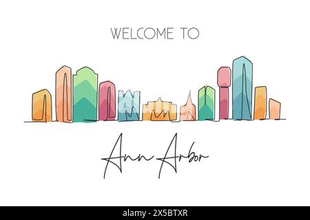 Eine durchgehende Linienzeichnung der Skyline von Ann Arbor, Michigan. Wunderschönes Wahrzeichen. Welt Landschaft Tourismus Reise Heim Wanddekoration Poster Druck. Styl Stock Vektor