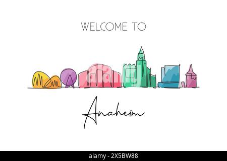 Eine durchgehende Linienzeichnung der Skyline von Anaheim, Kalifornien. Wunderschönes Wahrzeichen. Welt Landschaft Tourismus Reise Heim Wanddekoration Poster Druck. Styl Stock Vektor