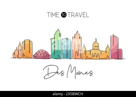 Einzelne durchgehende Linienzeichnung der Skyline von des Moines, Iowa. Berühmte Stadt-Kratzer-Landschaft. World Travel Home Wanddekor Kunstdruck Konzept. Stock Vektor