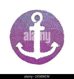 Ankersymbol für einzelne durchgehende Linienzeichnung. Silhouette von Schiff- oder Bootsankern, Marinesymbol, Sicherheitsschild. Ocean oder Sea Logo. Dreh Curl Circle Backgro Stock Vektor