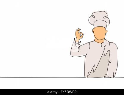 Einzelne durchgehende Linienzeichnung junger aufgeregter, attraktiver männlicher Koch posiert stehend und gibt eine gute Geste. Restaurantbanner Concept One lin Stock Vektor