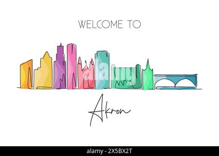 Eine durchgehende Linienzeichnung der Skyline der Stadt Akron, Ohio. Wunderschönes Wahrzeichen. Wunderschöne Welt Landschaft Tourismus Reise Wand Dekor Poster, Postkarte. Stall Stock Vektor