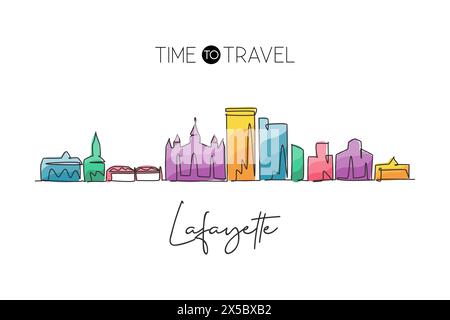 Einzelne durchgehende Linienzeichnung der Skyline von Lafayette, Louisiana. Berühmte Stadt-Kratzer-Landschaft. World Travel Home Wanddekor Kunstdruck Konzept. Stock Vektor