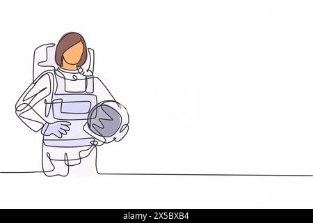 Einzelne durchgehende Linienzeichnung einer jungen schönen Astronautin, die Hände an der Hüfte hält. Beruflicher Berufsberuf. Minimalismus Konzept eine Linie Stock Vektor