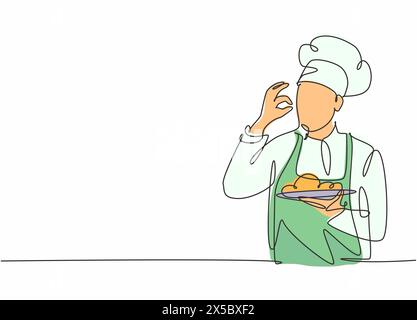 Eine einzige Zeilenzeichnung eines jungen, attraktiven männlichen Küchenchefs, der eine ausgezeichnete Geschmacksgeste zu einem köstlichen Hauptgericht macht, das er servierte. Das Hotelrestaurant ist trendig Stock Vektor