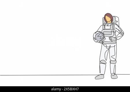 Einzelne durchgehende Linienzeichnung einer jungen Astronautin, die einen Helm mit Händen an der Hüfte hält. Beruflicher Berufsberuf. Minimalismus Konzept 1 li Stock Vektor