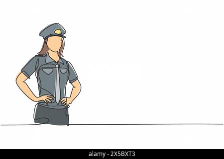 Durchgehende einzeilige Zeichnung junger Schönheitspolizisten auf Uniform stehend mit Händen an der Hüfte. Professionelles Berufsbild minimalistisches Konzept. Einzel Stock Vektor