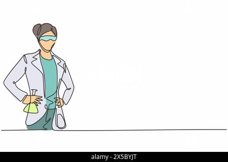 Einzelne durchgehende Linienzeichnung einer jungen Wissenschaftlerin, die eine Flasche mit Händen an der Hüfte hält. Beruflicher Berufsberuf. Minimalismus Concept One lin Stock Vektor