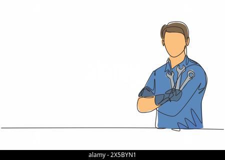Einzeichenzeichnung eines jungen männlichen Mechanikers, der den Tragarm auf der Brust zeigt. Berufsberuf und Beruf Minimalkonzept. Durchgehende Linie Stock Vektor